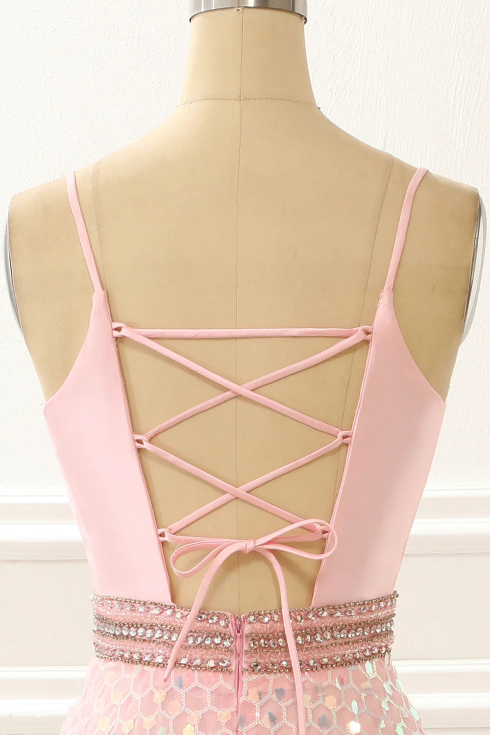 Luolandi Spaghetti Straps A Line Pink Prom Dress With Beading Floor Length