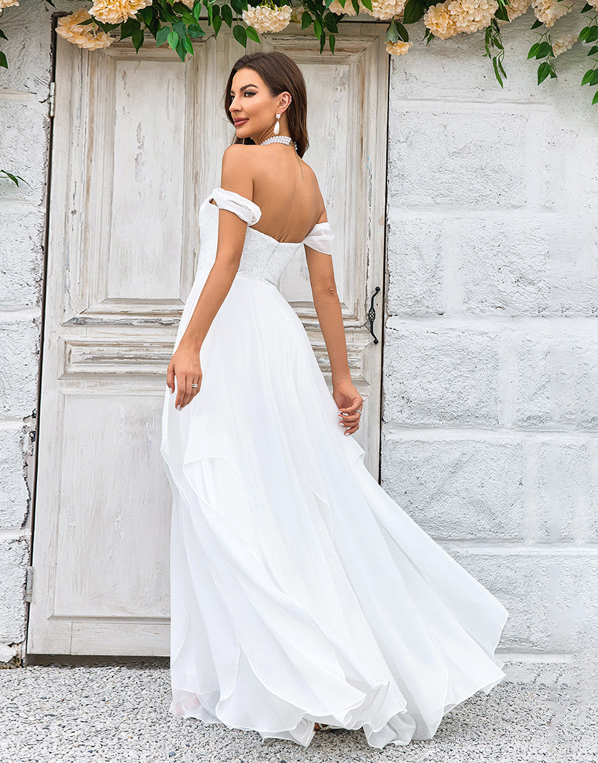 Luolandi Elegant A Line Off the Shoulder Ivory Chiffon Wedding Dress with Lace Sexy
