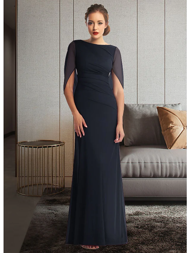 Luolandi Mother of the Bride Dress Elegant Jewel Neck Ankle Length Chiffon Half Sleeve with Pleats Ruching Dark Navy