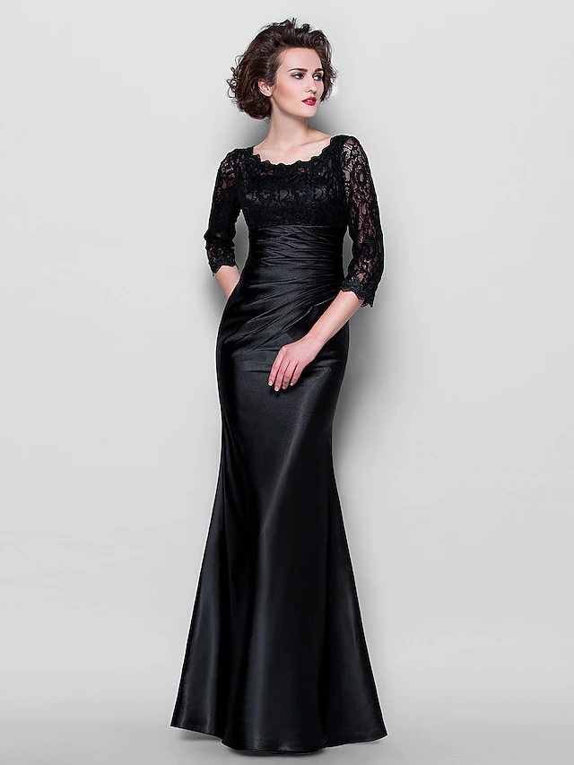 Luolandi Mother of the Bride Dress See Through Jewel Neck Floor Length Satin Lace Over Satin Length Sleeve with Lace