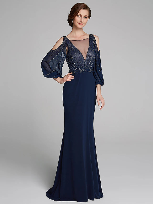 Luolandi Sheath / Column Mother of the Bride Dress Sparkle & Shine Boat Neck Floor Length Chiffon Jersey Long Sleeve No with Beading