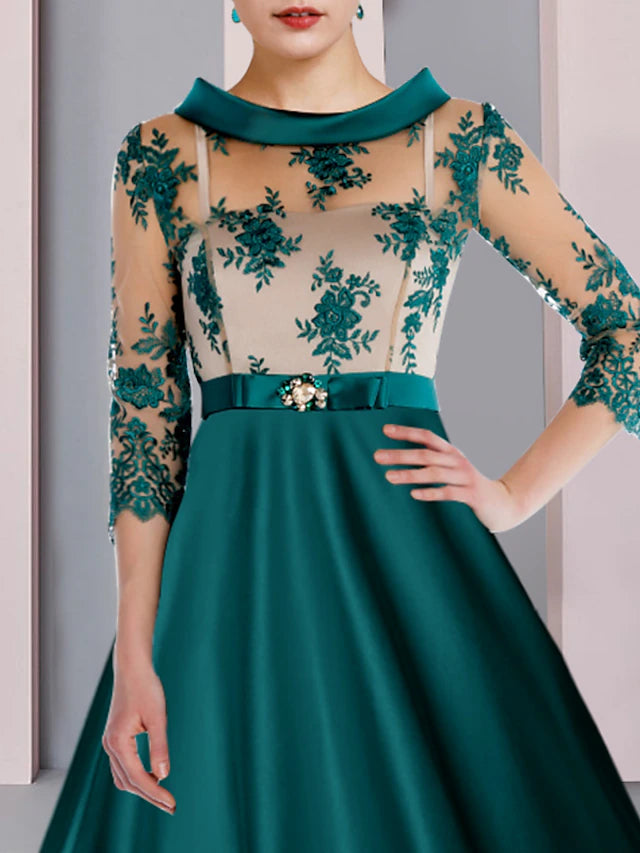 Luolandi A-Line Mother of the Bride Dress Formal Wedding Guest Party Elegant Scoop Neck Tea Length Satin Lace 3/4 Length Sleeve with Appliques