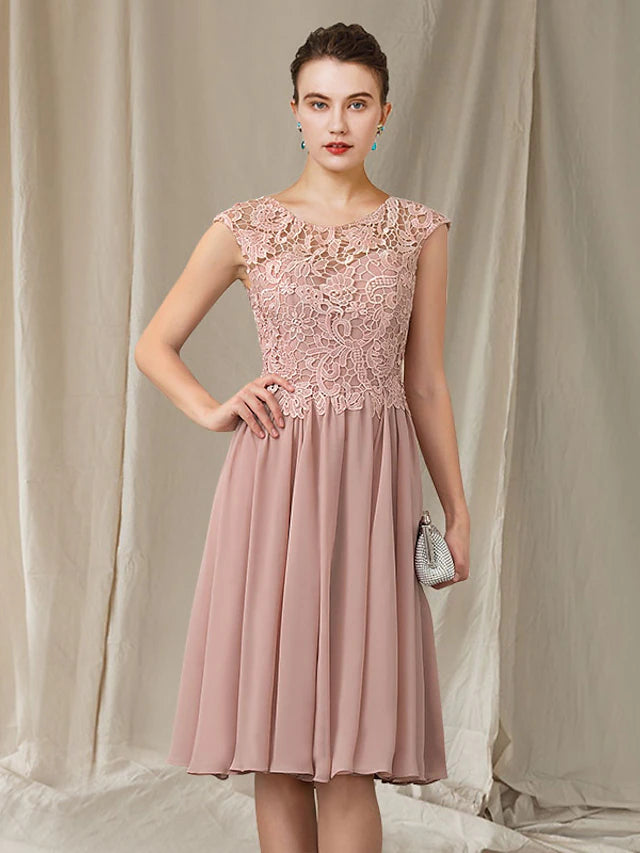 Luolandi A-Line Mother of the Bride Dress Elegant Jewel Neck Knee Length Chiffon Lace Sleeveless with Appliques