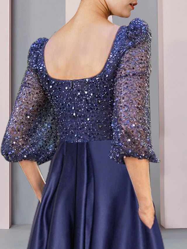 Luolandi Sheath / Column Mother of the Bride Dress Formal Wedding Guest Elegant Sparkle & Shine High Low Square Neck Asymmetrical Tea Length Satin Lace Half Sleeve with Pleats Beading