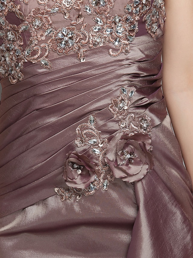 Luolandi Mermaid / Trumpet Mother of the Bride Dress Scoop Neck Sweep / Brush Train Taffeta Beaded Lace Short Sleeve