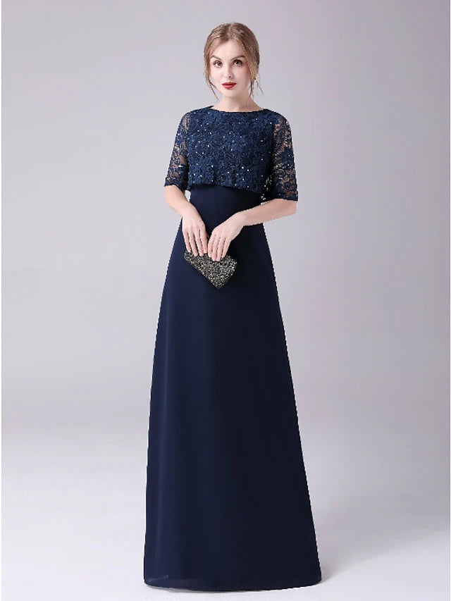 Luolandi A-Line Mother of the Bride Dress Elegant Sweet Jewel Neck Floor Length Chiffon Half Sleeve with Lace