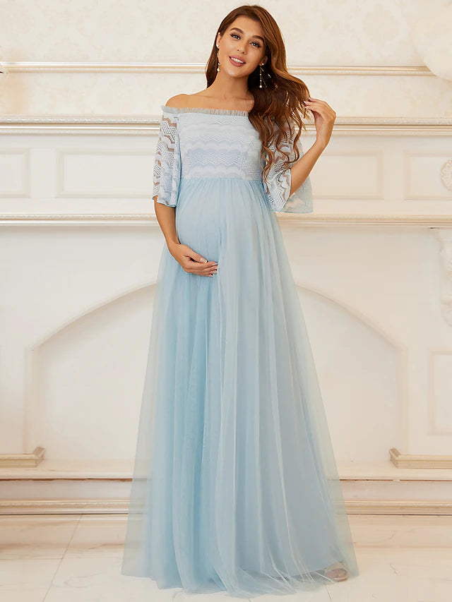 Luolandi A-Line Mother of the Bride Dress Maternity Elegant Off Shoulder Floor Length Lace Tulle Sleeveless