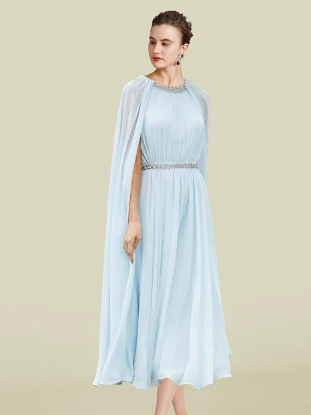 Luolandi Sheath / Column Mother of the Bride Dress Elegant Jewel Neck Tea Length Chiffon Sleeveless with Pleats Beading