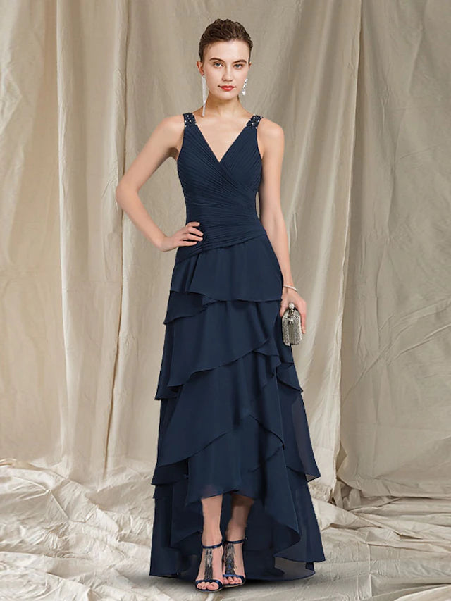 Luolandi Two Piece A-Line Mother of the Bride Dress Elegant High Low V Neck Asymmetrical Floor Length Chiffon Short Sleeve Wrap Included