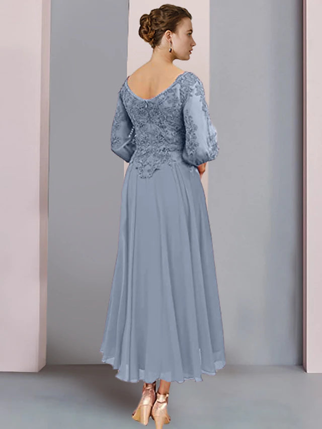 Luolandi Two Piece A-Line Mother of the Bride Dress Formal Wedding Guest Elegant V Neck Chiffon Lace 3/4 Length Sleeve Wrap Included with Pleats