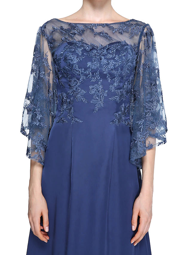 Luolandi Sheath / Column Mother of the Bride Dress Elegant See Through Bateau Neck Ankle Length Chiffon Lace Half Sleeve