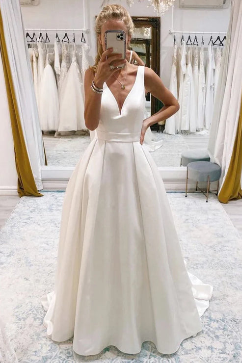 Luolandi Ivory A-Line Deep V-Neck Long Wedding Dress with Bowknot Sexy