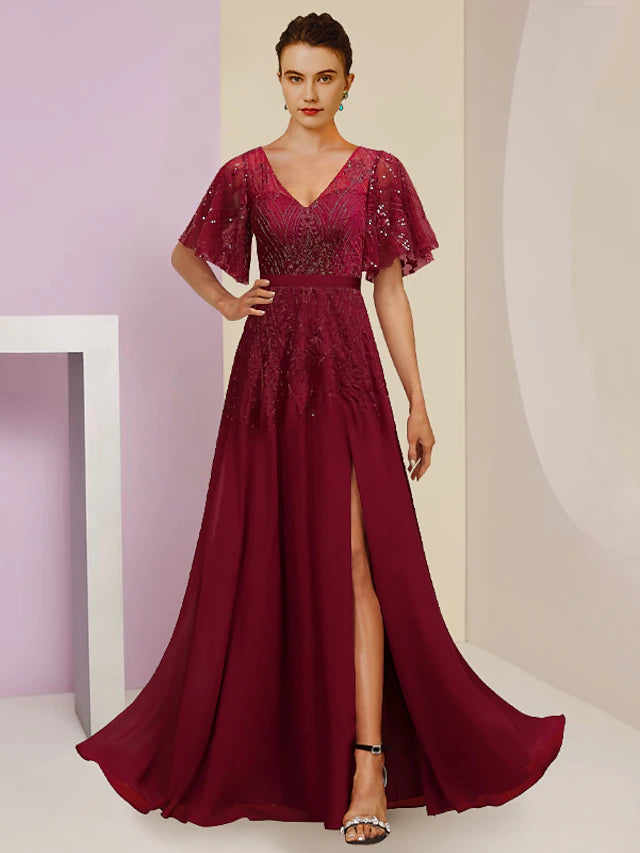 Luolandi Sheath / Column Mother of the Bride Dress Wedding Guest Elegant Sparkle & Shine V Neck Floor Length Chiffon Lace Sequined Short Sleeve with Pleats