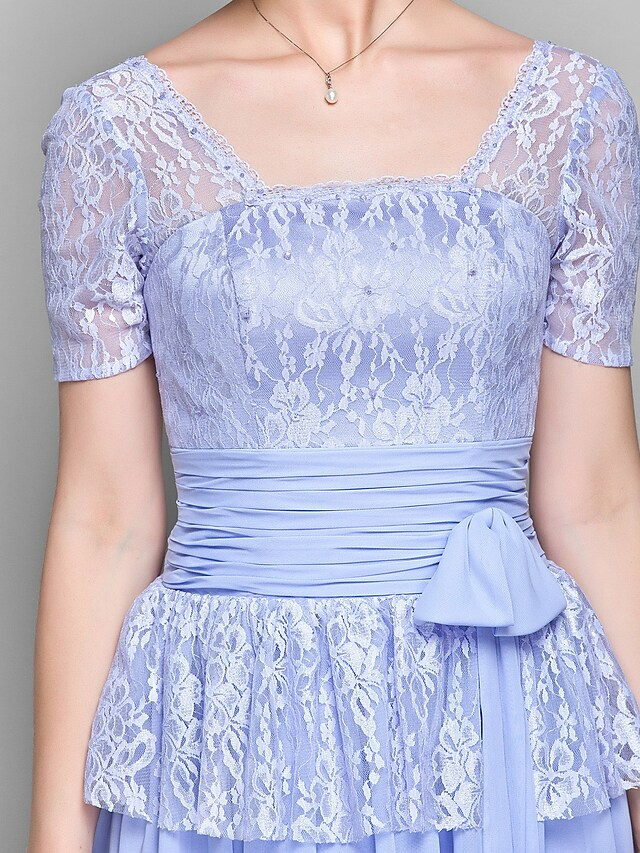 Luolandi A-Line Mother of the Bride Dress Square Neck Knee Length Chiffon Lace Short Sleeve with Lace Bow(s)
