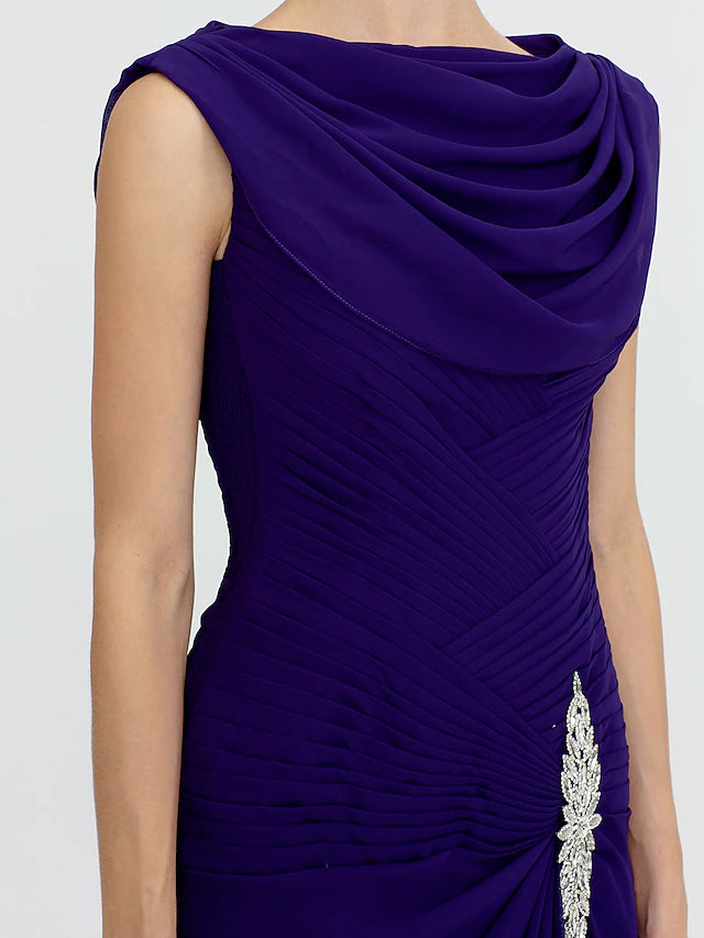 Luolandi Sheath / Column Mother of the Bride Dress Color Block Lace Up Cowl Neck Ankle Length Chiffon Charmeuse Sleeveless with Beading