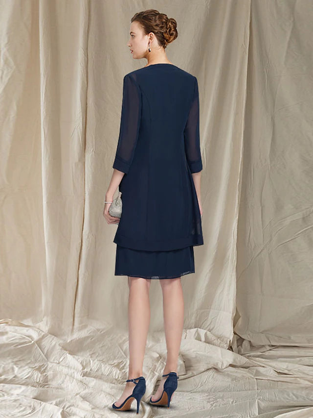 Luolandi Two Piece Sheath / Column Mother of the Bride Dress Elegant Jewel Neck Knee Length Chiffon Sleeveless Jacket Dresses with Beading