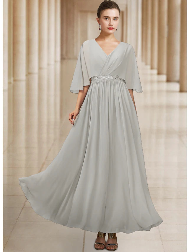 Luolandi A-Line Mother of the Bride Dress Elegant V Neck Ankle Length Chiffon Half Sleeve with Pleats