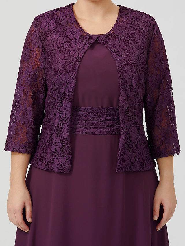 Luolandi A-Line Mother of the Bride Dress Formal Classic & Timeless Elegant & Luxurious Plus Size Scoop Neck Tea Length Chiffon Floral Lace Sleeveless yes with Sash / Ribbon