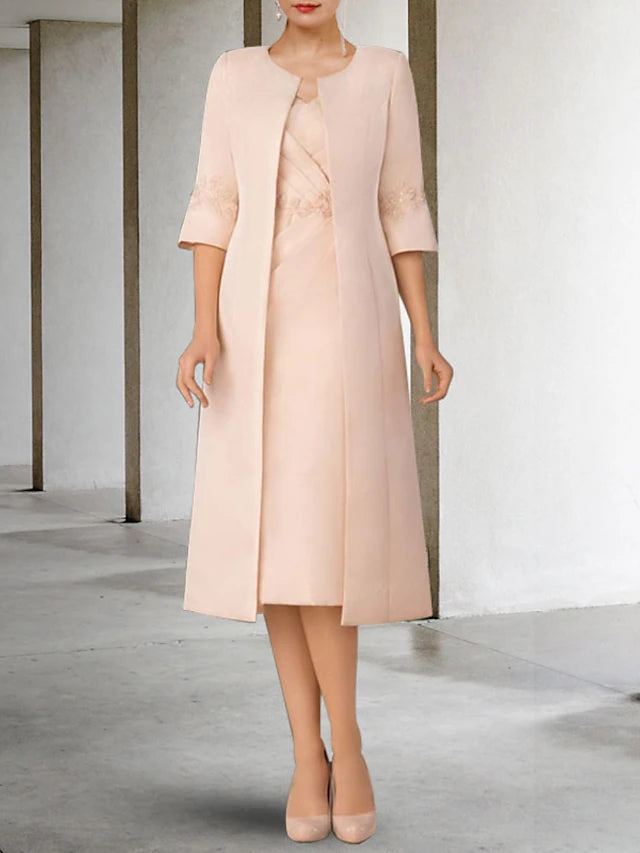 Luolandi Two Piece Sheath / Column Mother of the Bride Dress Church Elegant V Neck Knee Length Lace Chiffon Short Sleeve Jacket Dresses with Appliques