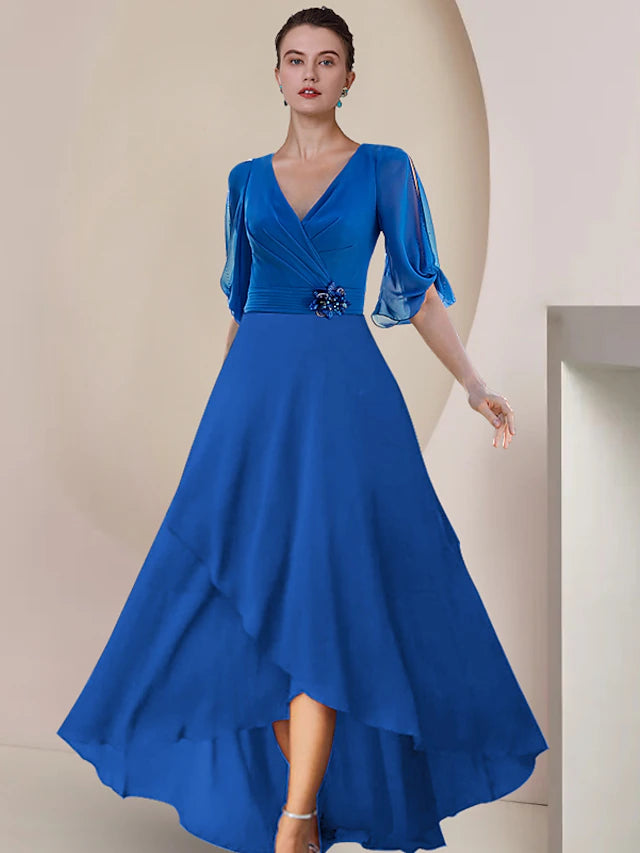 Luolandi A-Line Mother of the Bride Dress Wedding Guest Party Elegant V Neck Asymmetrical Chiffon Half Sleeve with Crystal Brooch