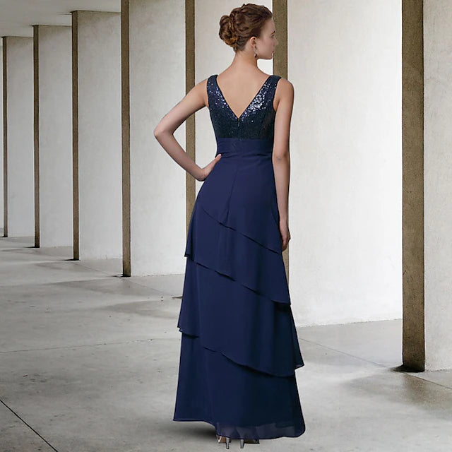 Luolandi A-Line Mother of the Bride Dress Elegant V Neck Floor Length Chiffon Sequined Sleeveless Wrap Included with Sequin