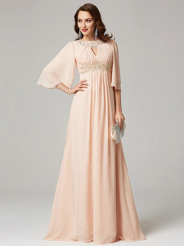 Luolandi A-Line Mother of the Bride Dress Luxurious Elegant Jewel Neck Sweep / Brush Train Chiffon Half Sleeve with Pleats