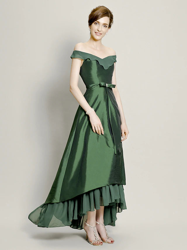 Luolandi A-Line Mother of the Bride Dress Elegant High Low Off Shoulder Asymmetrical Chiffon Taffeta Short Sleeve with Pick Up Skirt Bow(s)
