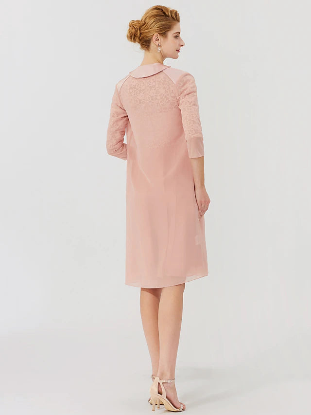 Luolandi Ball Gown Mother of the Bride Dress Formal Classic & Timeless Elegant & Luxurious Convertible Dress Illusion Neck Knee Length Chiffon Floral Lace 3/4 Length Sleeve