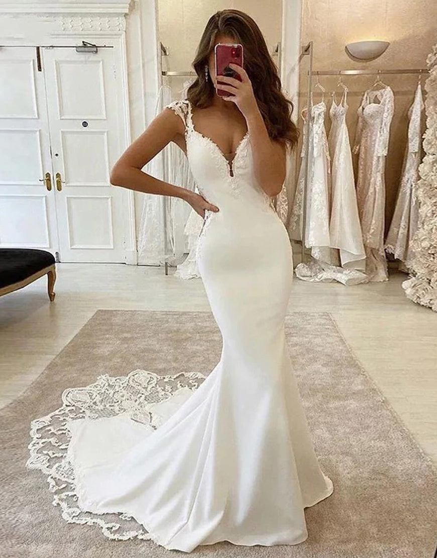 Luolandi Satin Mermaid Lace V-neck Cap Sleeves Wedding Dress With Appliques Sexy