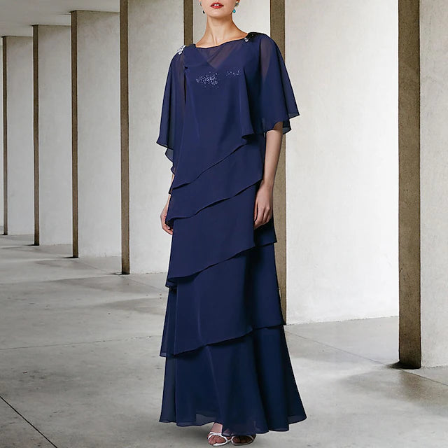 Luolandi A-Line Mother of the Bride Dress Elegant V Neck Floor Length Chiffon Sequined Sleeveless Wrap Included with Sequin