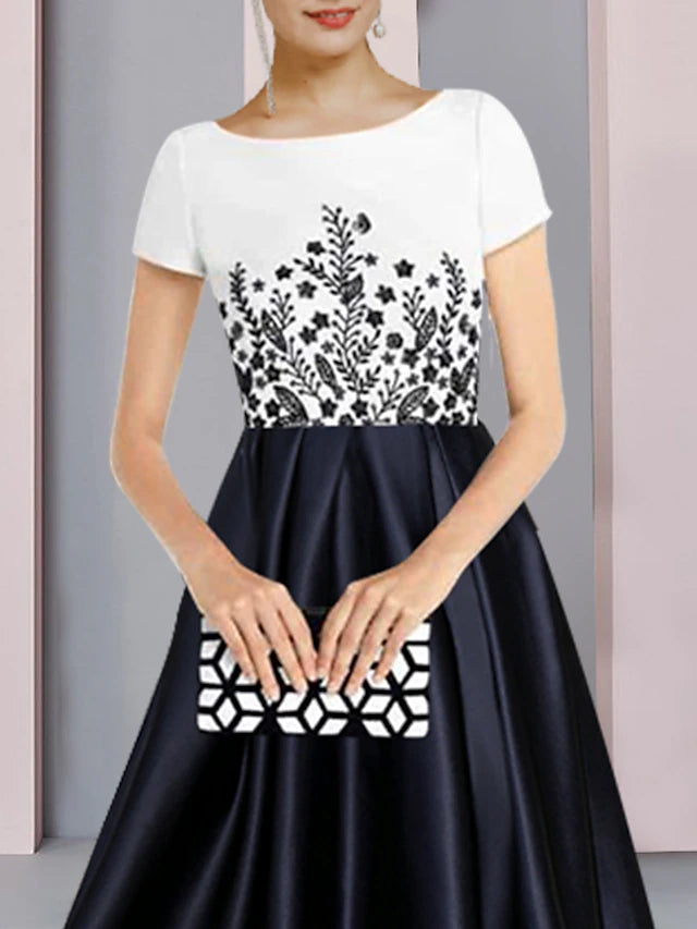 Luolandi Sheath / Column Mother of the Bride Dress Formal Party Elegant Scoop Neck Asymmetrical Satin Short Sleeve with Pleats