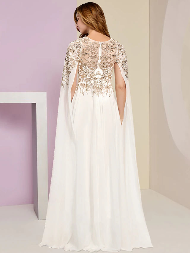 Luolandi Plus Size Curve Mother of the Bride Dress Wedding Guest Party Luxurious Jewel Neck Floor Length Chiffon Lace Sequined Long Sleeve