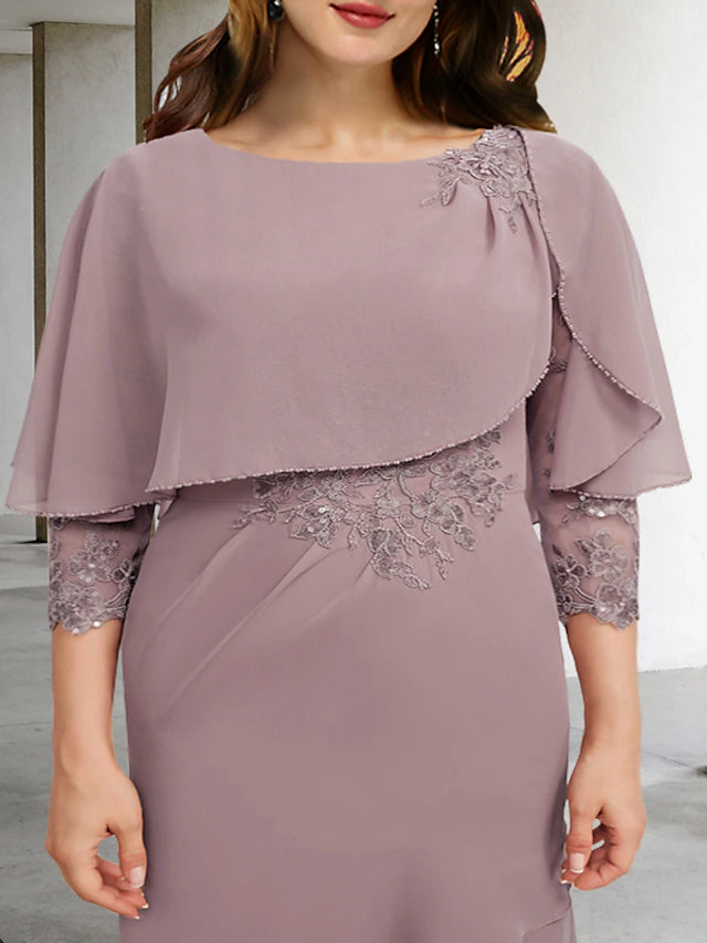 Luolandi A-Line Plus Size Curve Mother of the Bride Dresses Elegant Dress Formal Asymmetrical 3/4 Length Sleeve Jewel Neck Chiffon