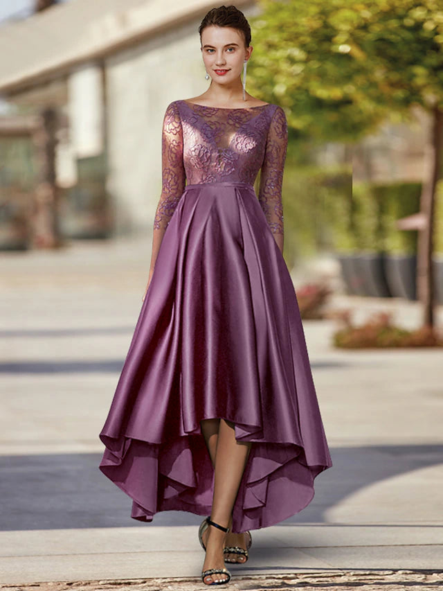 Luolandi A-Line Mother of the Bride Dress Formal Wedding Guest Elegant High Low Scoop Neck Tea Length Satin Lace 3/4 Length Sleeve with Pleats