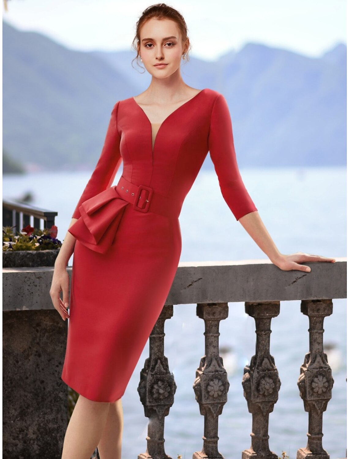 Luolandi Sheath / Column Cocktail Dresses Elegant Dress Cocktail Party Knee Length Christmas Red Green Dress 3/4 Length Sleeve V Neck Polyester