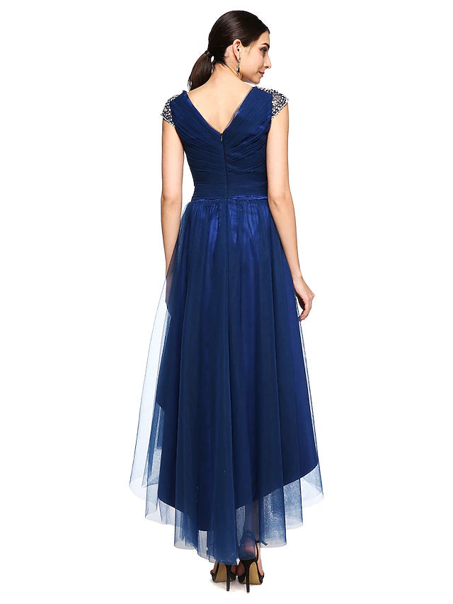 Luolandi A-Line Special Occasion Dresses Open Back Dress Wedding Guest Asymmetrical Short Sleeve V Neck Tulle with Criss Cross