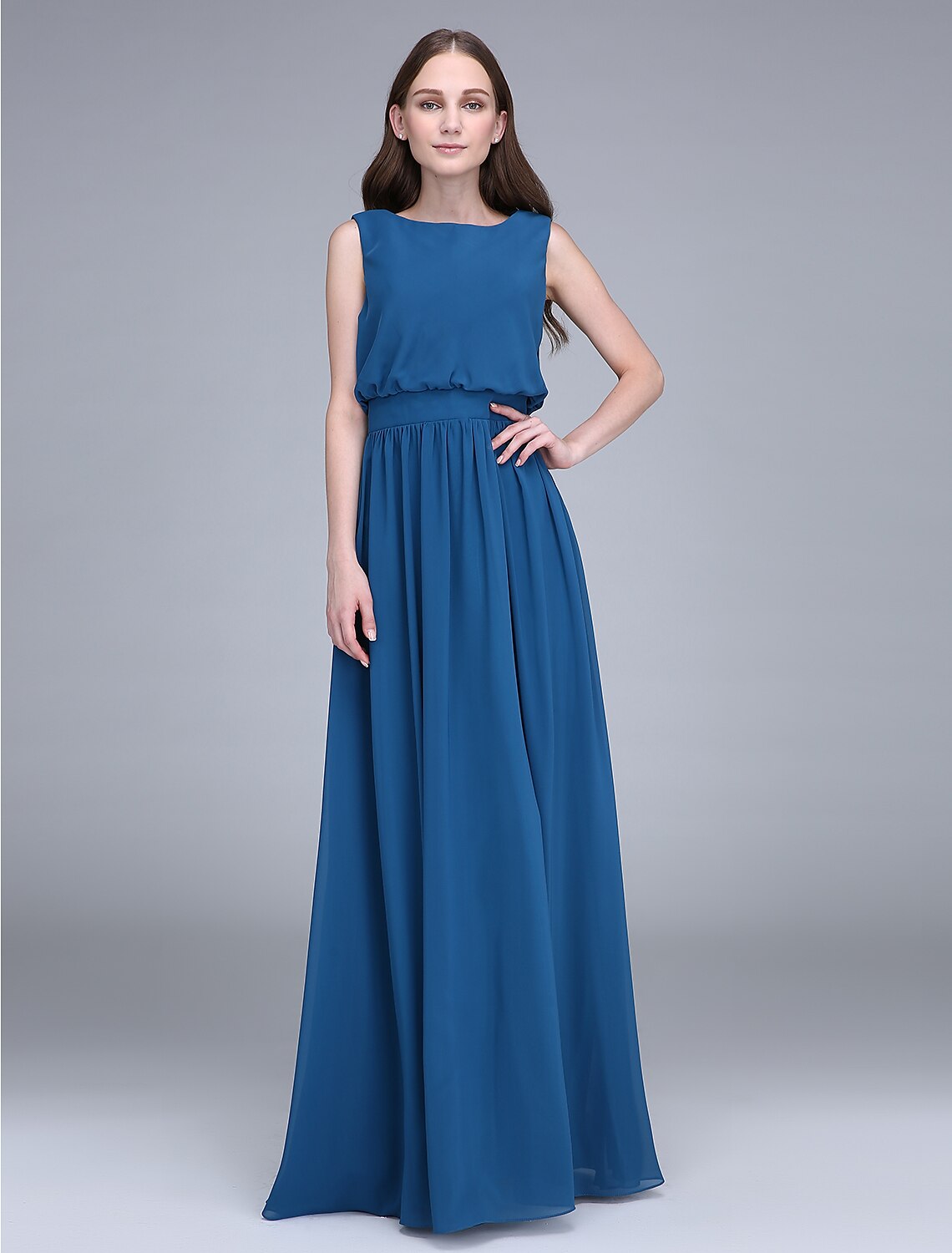 Luolandi Sheath / Column Bridesmaid Dress Jewel Neck Sleeveless Floor Length Chiffon with Sash