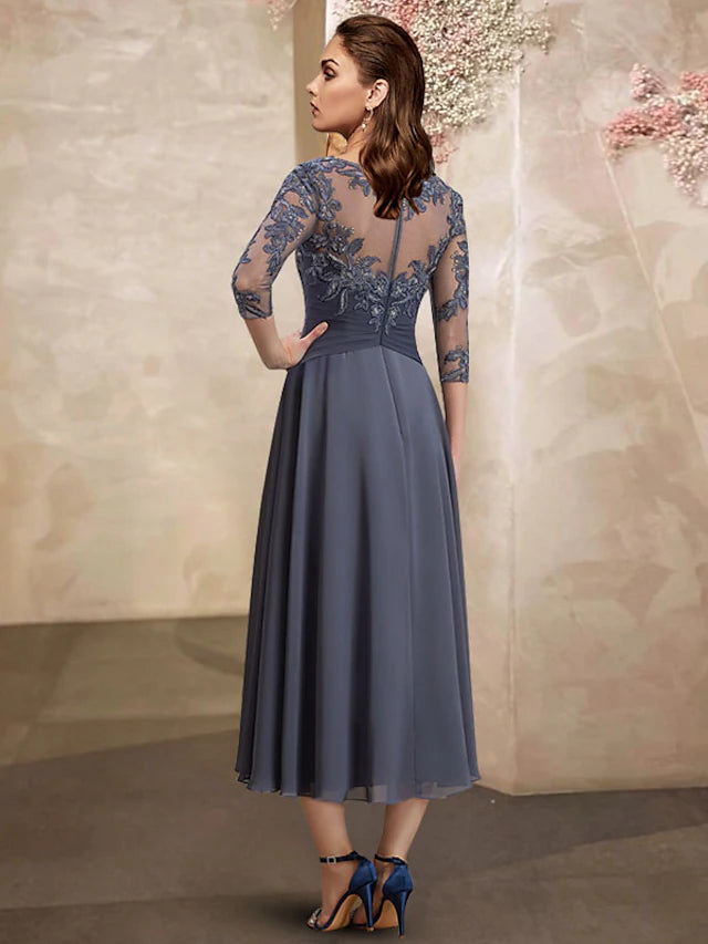 Luolandi A-Line Mother of the Bride Dress Plus Size Elegant Jewel Neck Tea Length Chiffon Lace Short Sleeve with Ruched Sequin