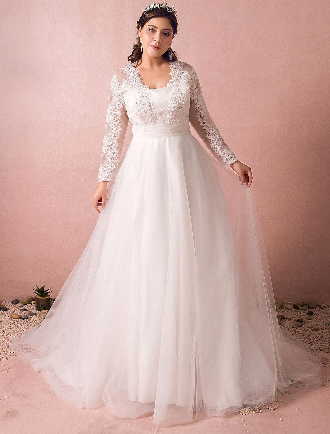 Luolandi Hall Sparkle & Shine Wedding Dresses A-Line Illusion Neck Long Sleeve Court Train Satin Bridal Gowns With Buttons