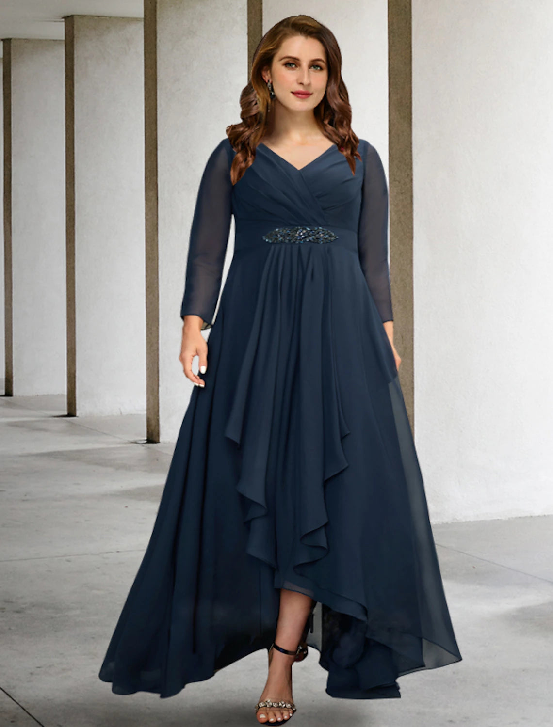 Luolandi A-Line Mother of the Bride Dresses Plus Size Hide Belly Curve Elegant Dress Formal Asymmetrical Long Sleeve V Neck Chiffon with Pleats