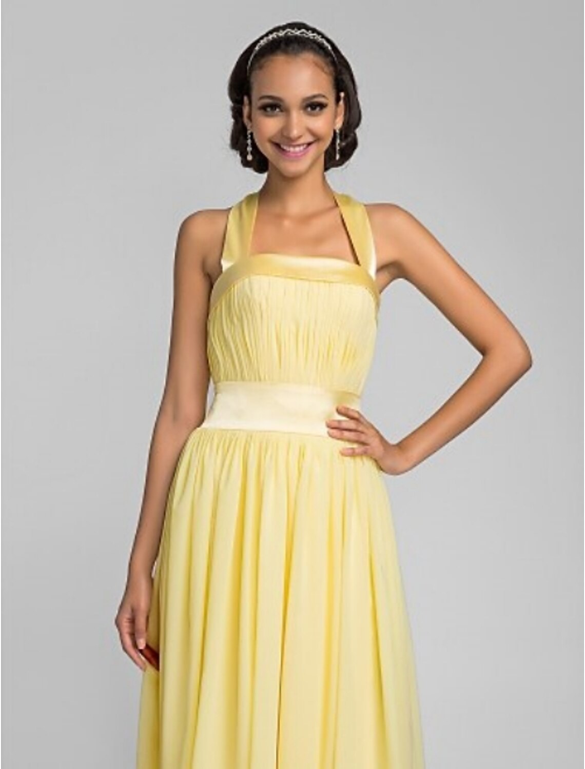 Luolandi A-Line Halter Tea Length Chiffon Satin Bridesmaid Dress with Draping