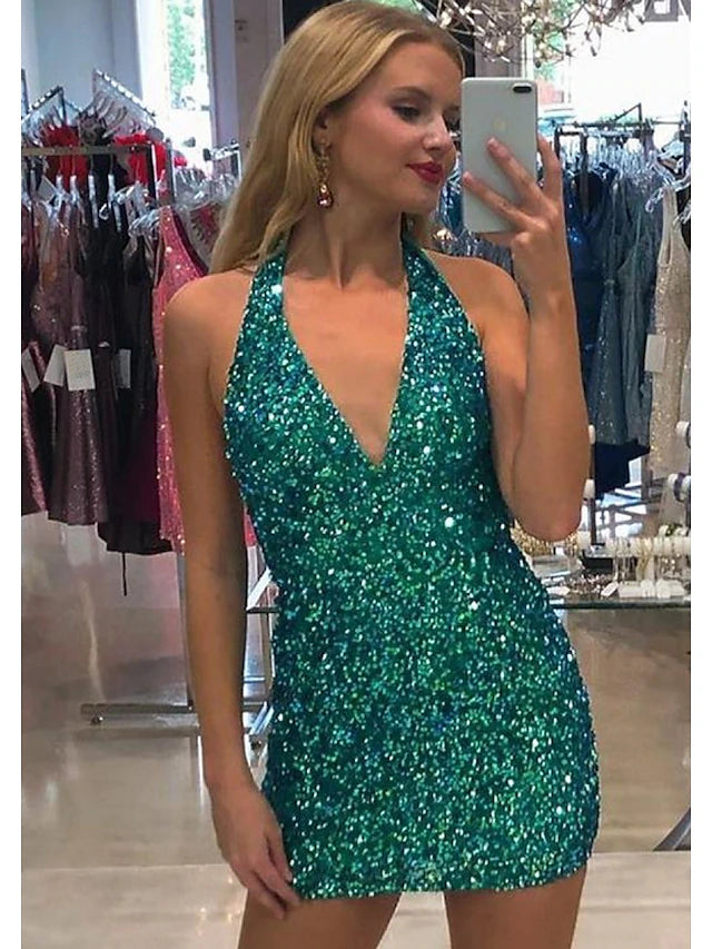 Luolandi Mermaid / Trumpet Party Dresses Sexy Dress Cocktail Party Short / Mini Sleeveless V Neck Sequined Backless