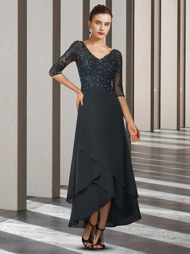 Luolandi A-Line Mother of the Bride Dress Elegant High Low V Neck Asymmetrical Ankle Length Chiffon Lace Half Sleeve with Beading Ruffles