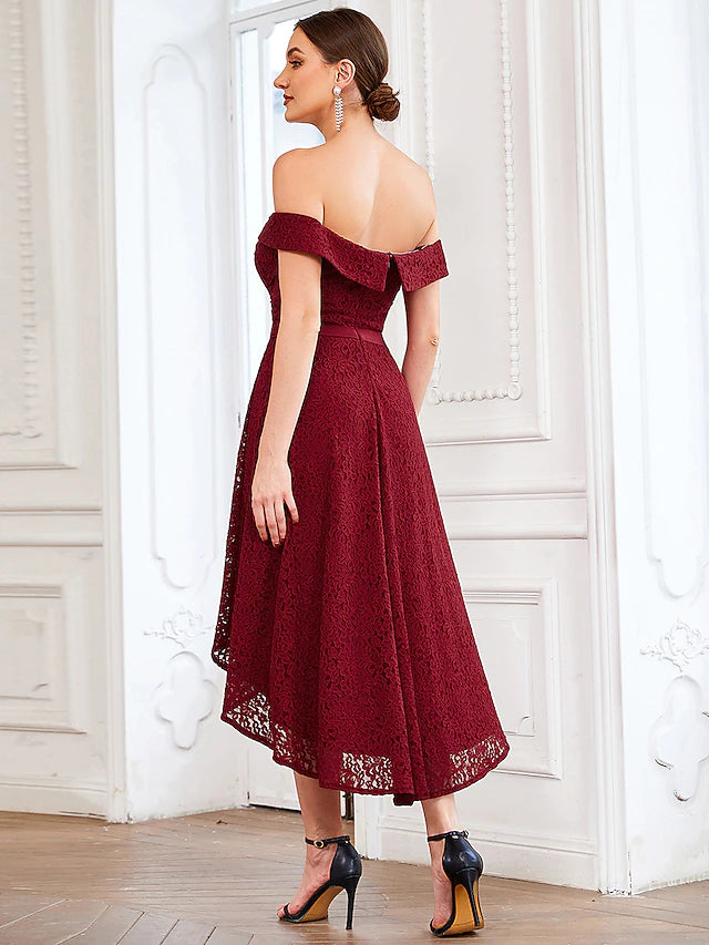 Luolandi A-Line Homecoming Dresses Vintage Dress Asymmetrical Sleeveless Off Shoulder Lace with Pleats Bridesmaid Dress