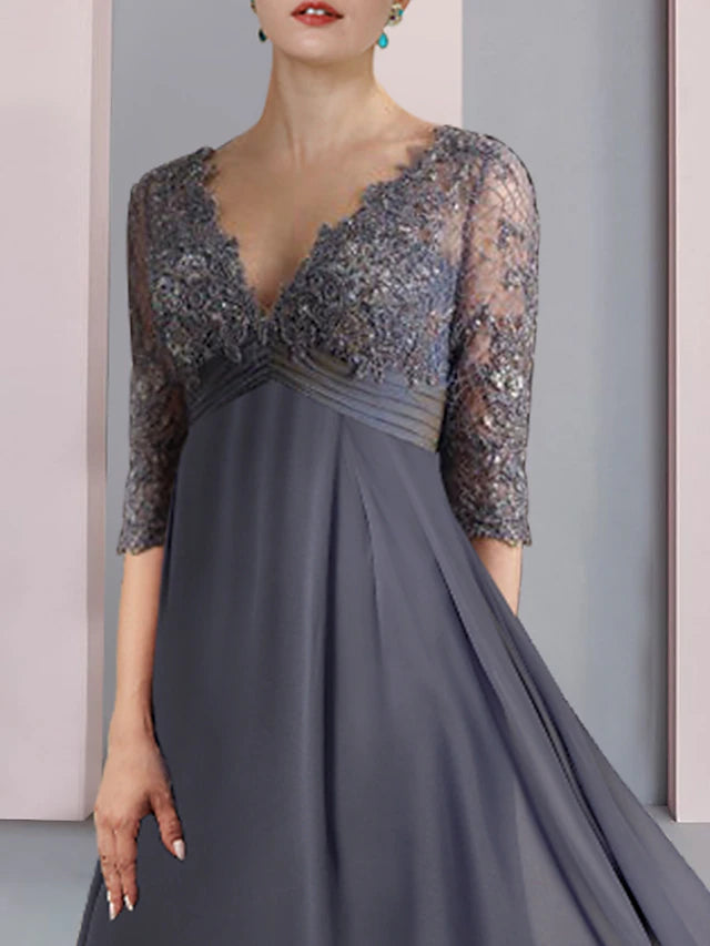 Luolandi A-Line Mother of the Bride Dress Formal Wedding Guest Vintage Elegant V Neck Tea Length Chiffon Lace Half Sleeve
