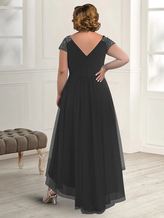 Luolandi A-Line Mother of the Bride Dress Plus Size Elegant High Low V Neck Asymmetrical Floor Length Chiffon Short Sleeve with Beading