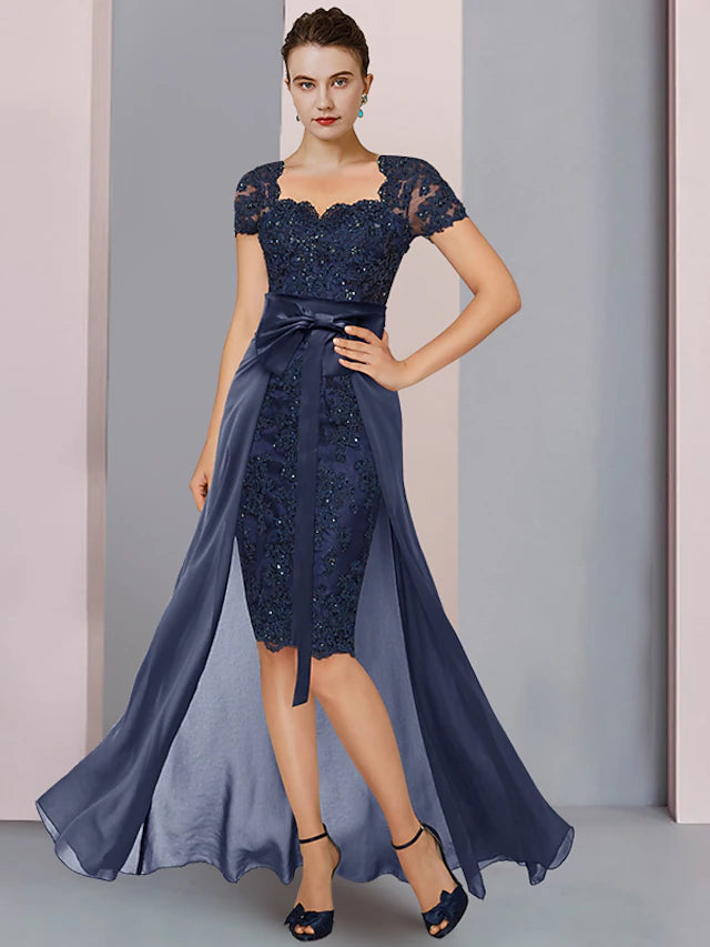 Luolandi Two Piece Sheath / Column Mother of the Bride Dress Formal Wedding Guest Elegant Square Neck Knee Length Chiffon Lace Short Sleeve with Bow(s)