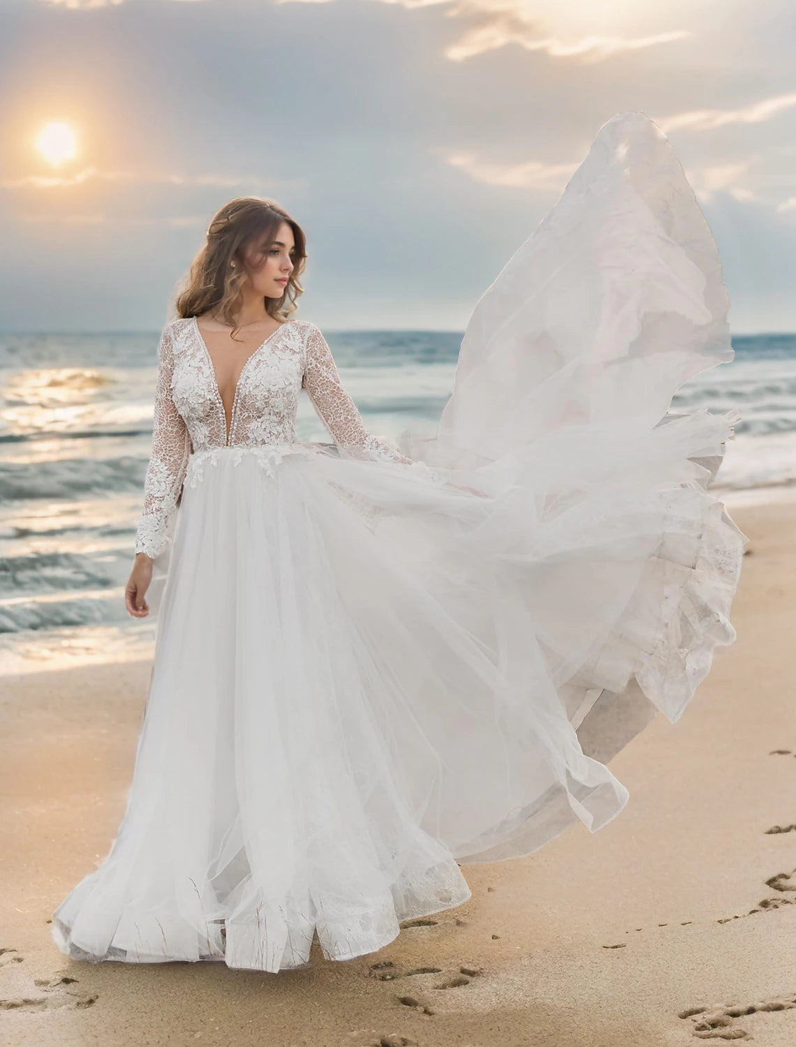Luolandi Beach Boho Wedding Dresses A-Line V Neck Long Sleeve Court Train Lace Bridal Gowns With Appliques