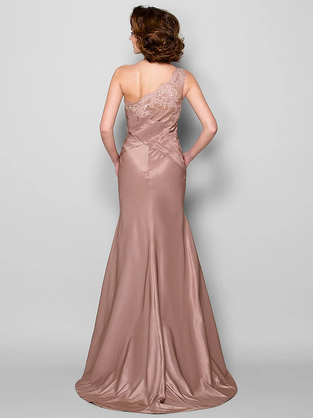 Luolandi Mermaid / Trumpet Mother of the Bride Dress Floral One Shoulder Sweep / Brush Train Lace Taffeta Sleeveless