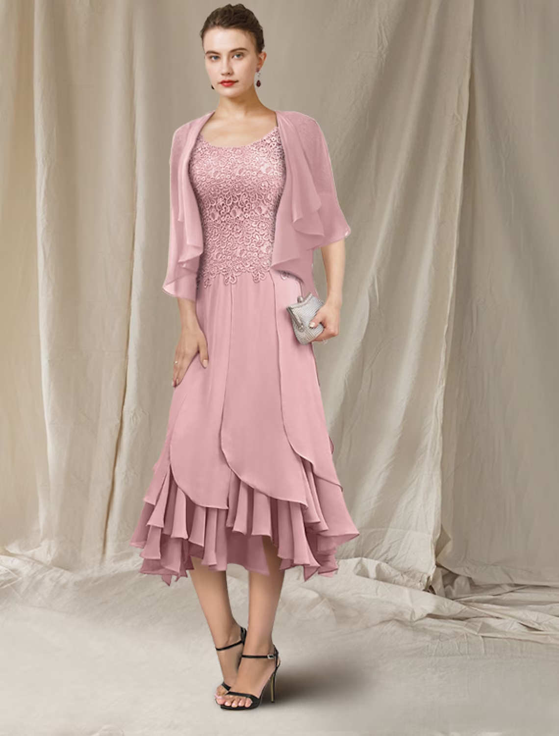 Luolandi Mermaid / Trumpet Mother of the Bride Dress Elegant High Low Jewel Neck Asymmetrical Tea Length Chiffon Lace Short Sleeve Wrap Included with Lace